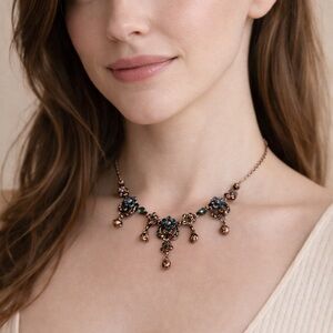 Vintage Style Necklace Blue Gothic Romantic Floral Drop Boho Victorian Necklace
